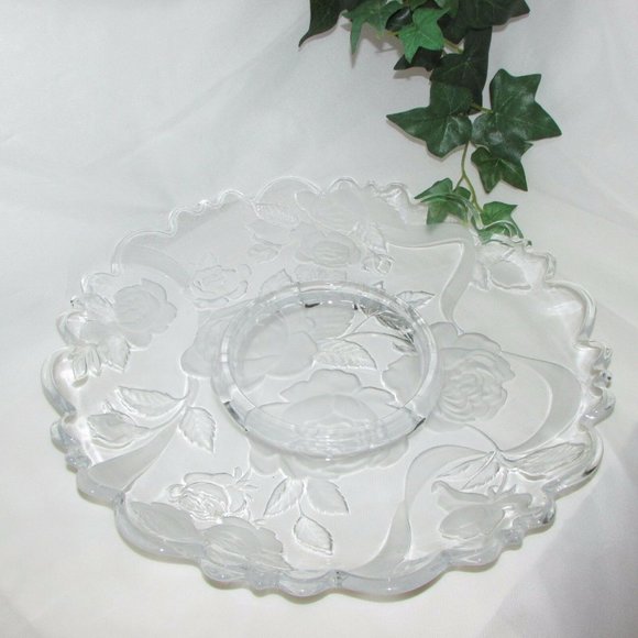 Large Glass Chip & Dip Platter Dream Rose 14" Vegetable Serving Tray Vintage - Picture 4 of 5